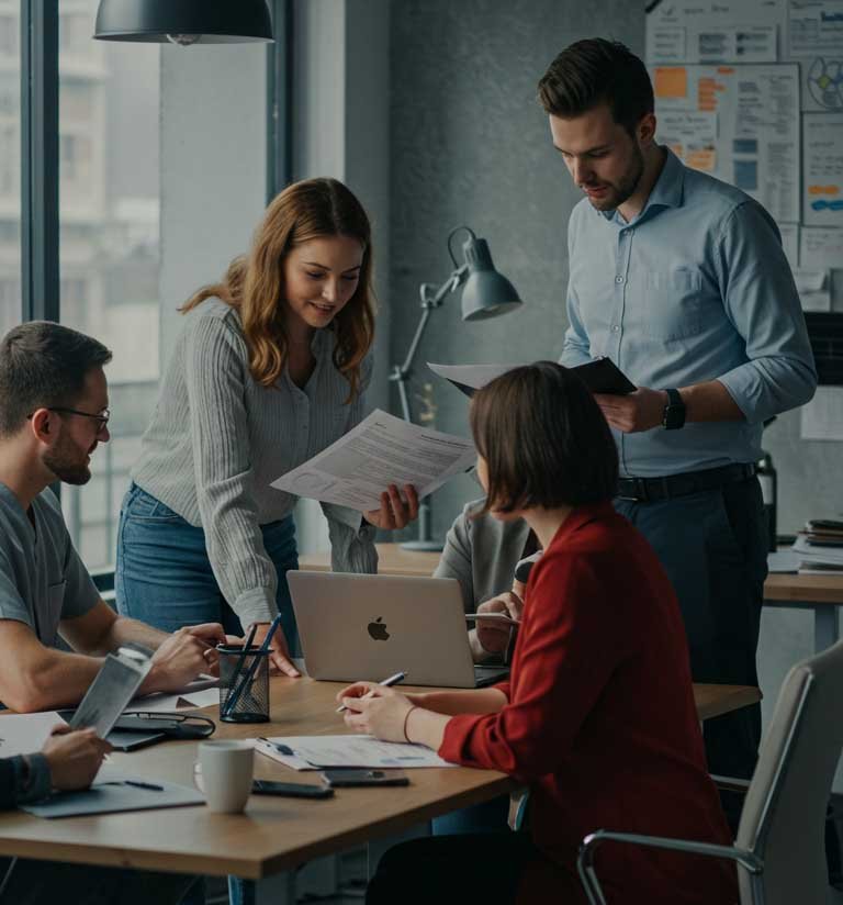 Equipo de trabajo atendiendo a clientes en la oficina